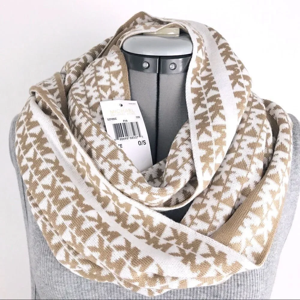 MICHAEL Michael Kors Tan and White MK Logo Infinity Scarf NEW
